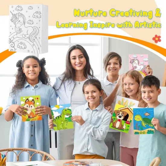 84-Pc Kids Paint Set with 12 Pre-Drawn Animal Canvases, Brushes, Paints & Apron (5 x 7 Inches) {5}