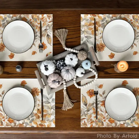 Set of 4 Fall Floral Grass Placemats - 12x18 Inch (Beige) {3}