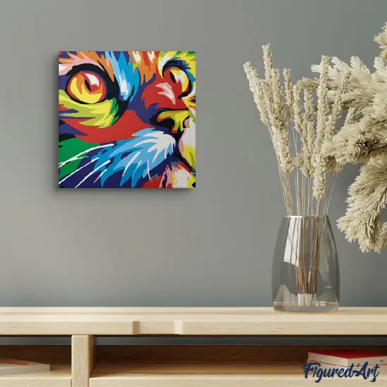 Figured'Art Mini Paint by Numbers Kit for Adults with Frame Feline Pop Art Small format 8"x8" - Craft Art Painting DIY Canvas Already Stretched on a Wooden Frame {2}