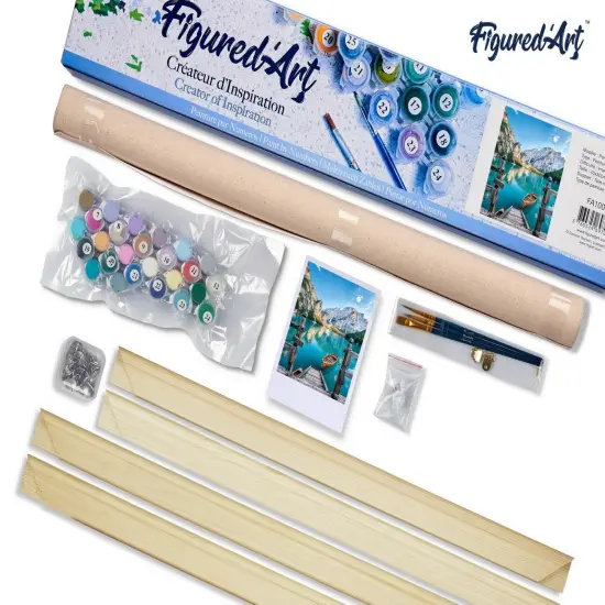 Figured'Art Paint by Numbers Kit for Adults Boat on the Mountain Lake 16"x20" - Craft Art Painting Rolled Canvas with DIY wooden frame {5}