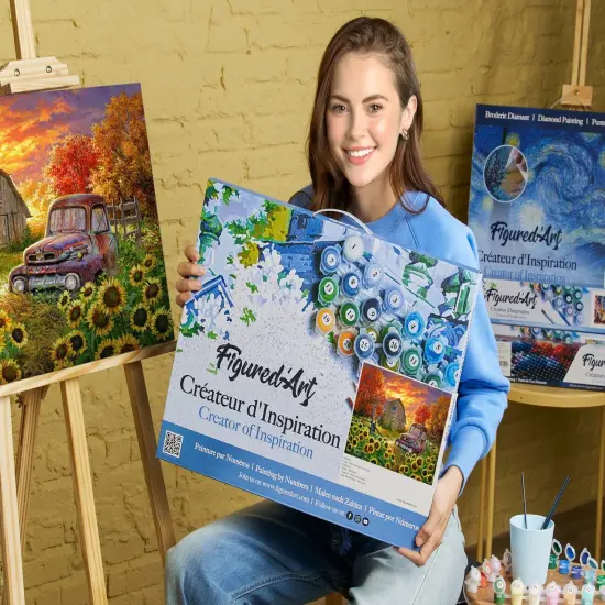 Figured'Art Paint by Numbers Kit for Adults with Frame Sunflowers in front of the barn 16"x20" - Craft Art Painting DIY Kit Canvas Already Stretched on a Wooden Frame {2}