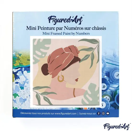 Figured'Art Mini Paint by Numbers Kit for Adults with Frame Abstract Woman in Blush Red Turban Small format 8"x8" - Craft Art Painting DIY Canvas Already Stretched on a Wooden Frame {3}
