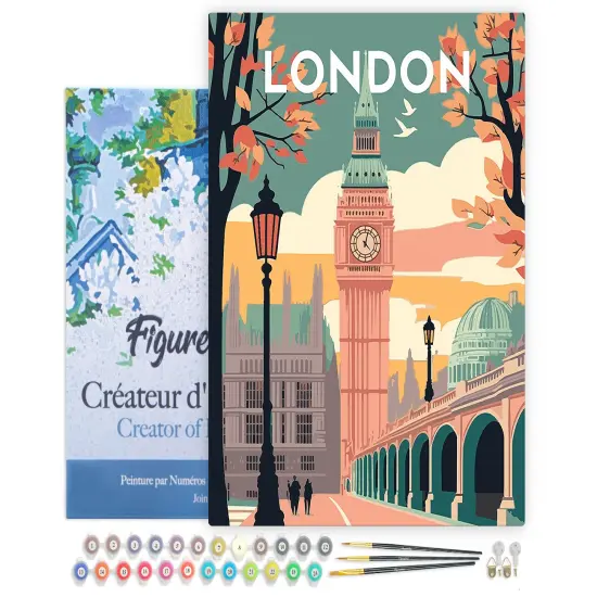 Figured'Art Paint by Numbers for Adults with Frame Travel Poster London 2 16"x20" - Craft Art Painting DIY Kit Canvas Already Stretched on a Wooden Frame {1}