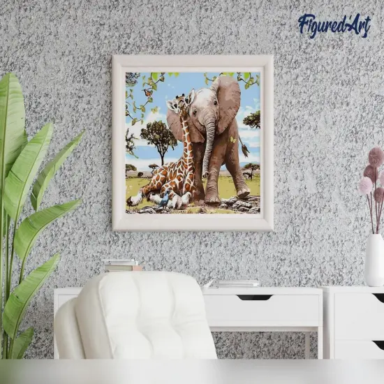 Figured'Art Paint by Numbers Kit for Adults Elephant & Giraffe friends 16"x20" - Craft Art Painting Rolled Canvas with DIY wooden frame {4}
