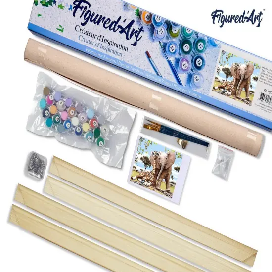 Figured'Art Paint by Numbers Kit for Adults Elephant & Giraffe friends 16"x20" - Craft Art Painting Rolled Canvas with DIY wooden frame {5}
