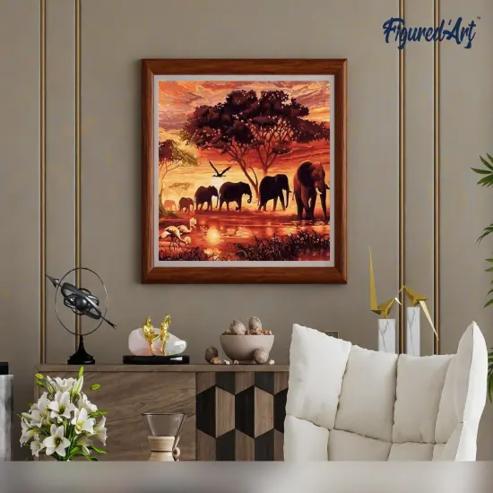 Figured'Art Paint by Numbers Kit for Adults Elephants at Sunset 16"x20" - Craft Art Painting DIY Kit Rolled Canvas without frame {4}