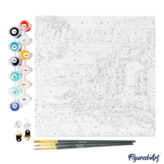 Figured'Art Mini Paint by Numbers Kit for Adults with Frame Travel Poster Cote d'Azur Small format 8"x8" - Craft Art Painting DIY Canvas Already Stretched on a Wooden Frame {4}