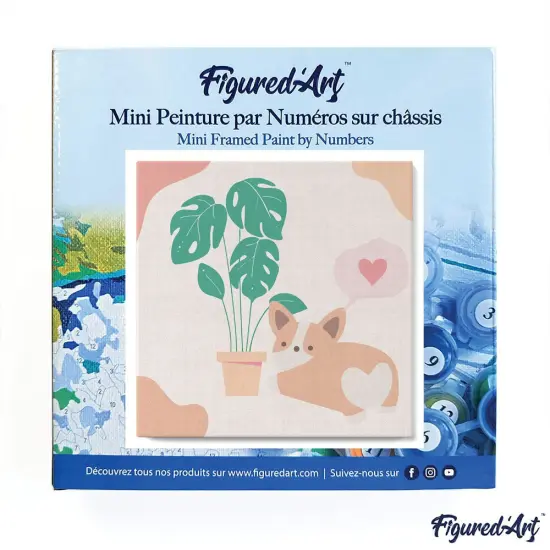 Figured'Art Mini Paint by Numbers Kit for Adults with Frame Little Puppy Loves Monstera Small format 8"x8" - Craft Art Painting DIY Canvas Already Stretched on a Wooden Frame {3}