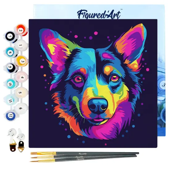Figured'Art Mini Paint by Numbers Kit for Adults with Frame Neon Dog Abstract Pop Art Small format 8"x8" - Craft Art Painting DIY Canvas Already Stretched on a Wooden Frame {1}
