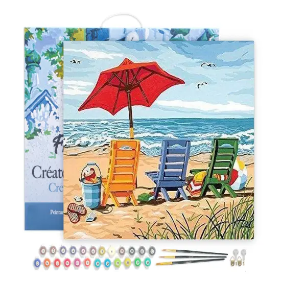 Figured'Art Paint by Numbers for Adults with Frame Beach Chairs 16"x20" - Craft Art Painting DIY Kit Canvas Already Stretched on a Wooden Frame {1}
