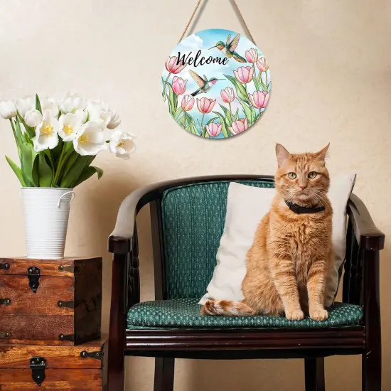 Welcome Spring Summer Pink Tulip Flowers Door Sign For Front Door Decor,Hummingbird Birds Wooden Sign 12"x 12" Round Seasonal Hanging Door Sign Decoration for Rustic Decor {4}