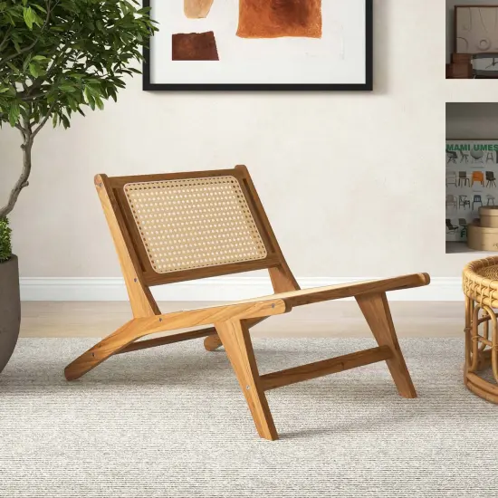 Costway 1/2 PCS Mid Century Modern Teak Wooden Chair with Handwoven Rattan Seat & Backrest {2}
