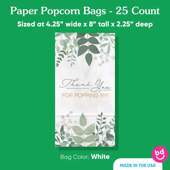 Big Dot of Happiness Boho Botanical Popcorn Bags, Greenery Bridal Shower Favor Snack Treats, Free-Standing Individual White Paper Bags - 25 Count {5}