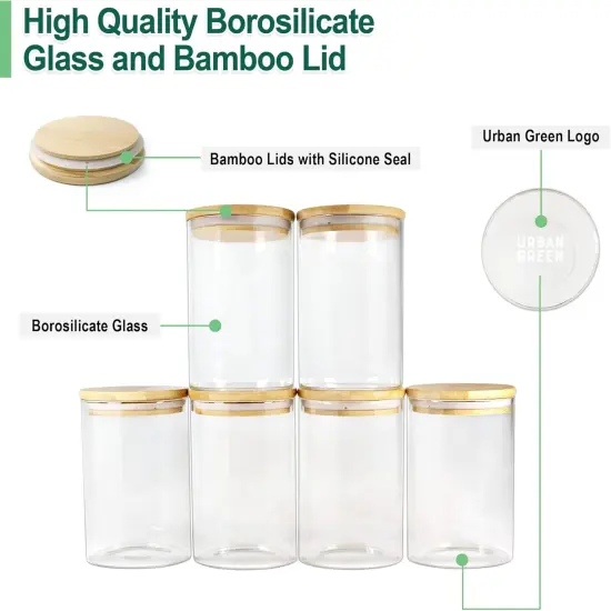 Urban Green Glass Jars with Bamboo Lids, Glass Airtight Canisters sets, Food Storage Container, Pantry Organization and Storage Jars, Kitchen Canisters Sets, Flour Containers of 6 {2}