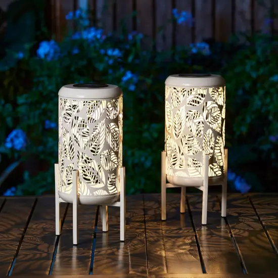 Set of 2 14.25"H Metal Cutout Leaves Pattern Solar Powered LED Outdoor Lantern with Stand 2pcs White {2}