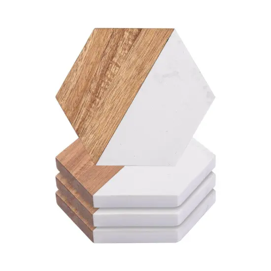 Craft Express 4 Pack Engravable Hexagonal Marble and Wood Coasters &ndash; 4" Laser-Ready {1}