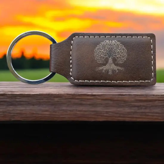 Keychain - Rectangle - Celtic Tree of Life - Leather Black/Silver {7}