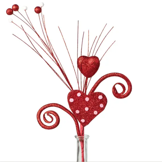 19" Red Glittered Heart Spray Pick - Valentine's Day Floral Decoration {1}