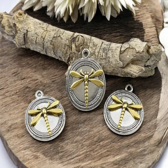 *10* 25x22mm Antique Gold/Silver Dragonfly Coin Charms {2}