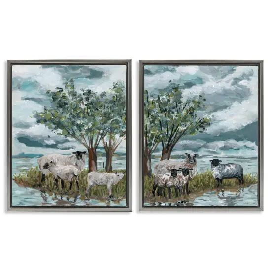 Stupell Industries Sheep in Field 2 pc Framed Floater Canvas Wall Art Set Design by Melissa Wang {1}
