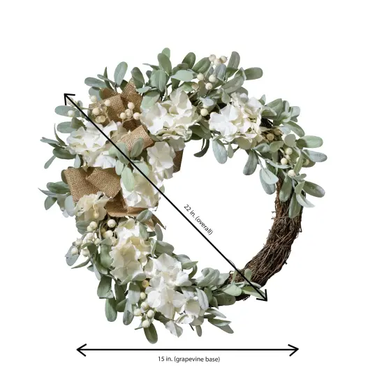 Haute Decor Grapevine Hydrangea Wreath with White Berries, Lamb's Ear & Burlap Bow - Neutral Summer Wreath for Front Door Decor {3}