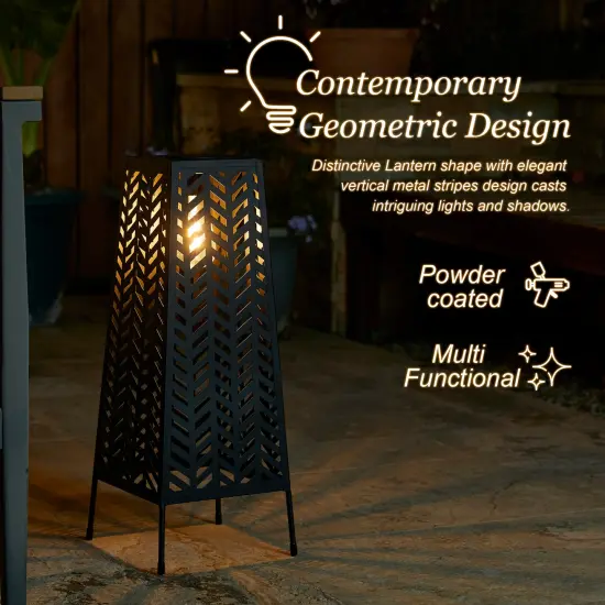 Set of 2 21.5"H Metal Geometric Solar Powered Floor Lantern with Edison Bulb {4}