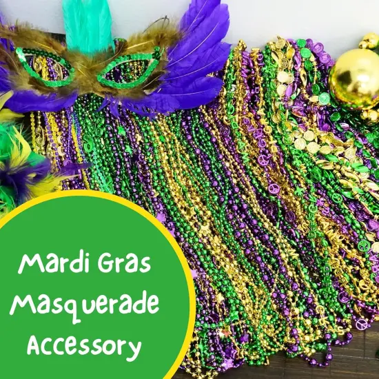 4E's Novelty Bead Assortment Mardi Gras Bulk (100 Pcs) - Metallic Purple, Gold, Green Necklaces, Unique Designs, Party Favors {2}