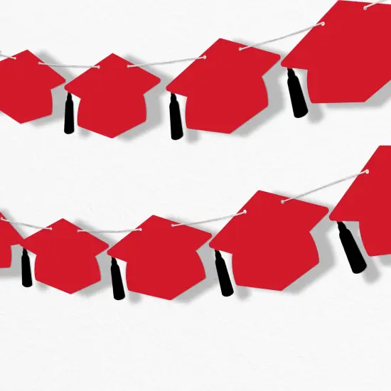 Big Dot of Happiness Red Graduation Cap Garland Banner, Grad Decor, High School or Elementary Photo Backdrop, 10 Feet of Cord, 15 Hats with Tassels {1}