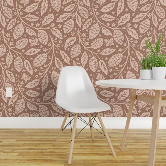 Peel & Stick Wallpaper 2FT Wide Botanical Rustic Cocoa Hand Drawn Plant Floral Butterfly Boho Cacao Earth Tone Dots Brown Pink Custom Removable Wallpaper by Spoonflower {1}