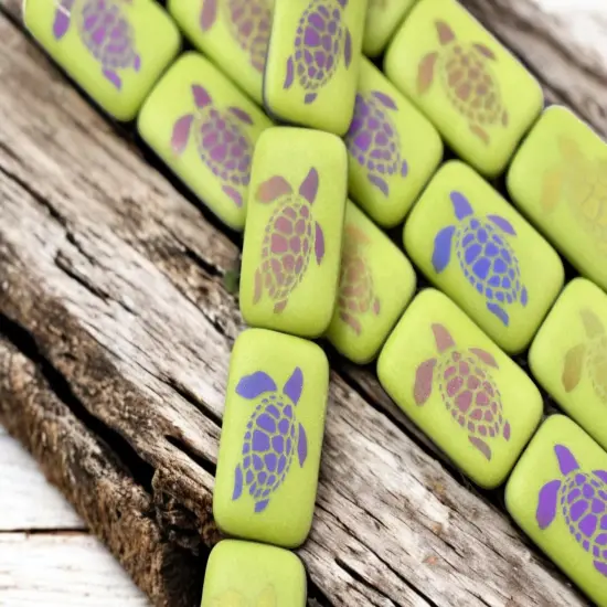 19x12mm Matte Chartreuse Sliperit Laser Tattoo Rectangle Turtle Beads - Choose Your Qty {5}
