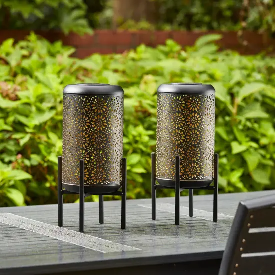 Set of 2 14.25"H Metal Cutout Flower Pattern Solar Powered LED Outdoor Lantern with Stand 2pcs White {8}