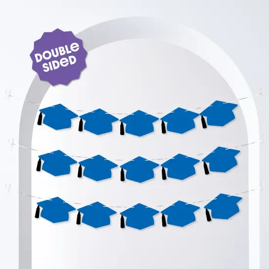 Big Dot of Happiness Blue Graduation Cap Garland Banner, High School or Elementary Graduate Photo Backdrop, 10 Feet of Cord, 15 Hats with Tassels {3}