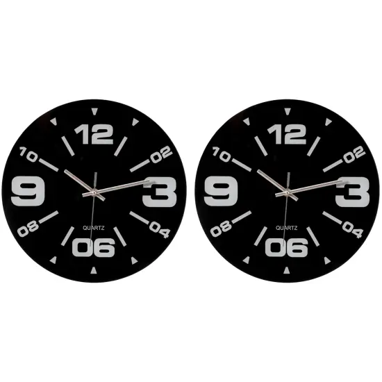 Clockswise Pack of 2 12 inch Black Decorative Unique Modern Round Glass Analog Wall Clock, Perfect for Office, Classroom, Living Room, Dining Room, Bed Room, Entryway and Kitchen Wall Decor. {2}