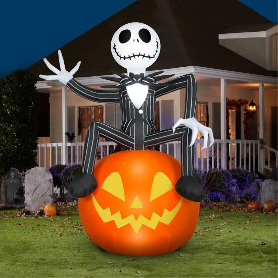 9.5' Gemmy Airblown Inflatable Halloween Jack Skellington sitting on Jack O' Lantern Yard Decoration 229810 {2}