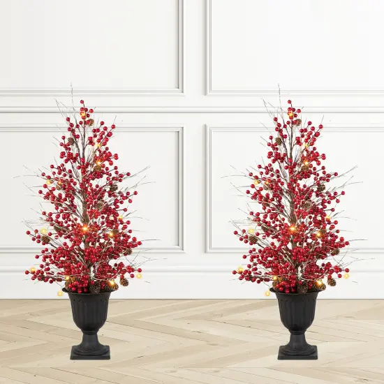 Set of 2 36''H Christmas Lighted Berry Pine Cone Urn Porch Trees With Timer Red {3}