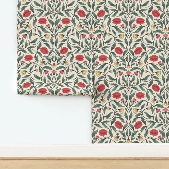 Pre-Pasted Wallpaper 2FT Wide Art Nouveau Hand Drawn Floral Garden Traditional Red Roses Arts And Crafts Custom Pre-pasted Wallpaper by Spoonflower {2}