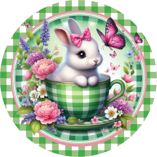 Green Check Easter Spring Bunny Teacup Sign {2}