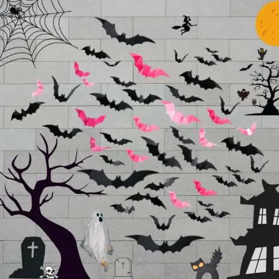 88 Pcs Pink Bats for Wall Halloween 3D Bat {2}
