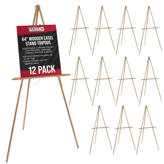 64" Wooden Easel Stand (12 Pack) - Adjustable A-Frame Tripod for Painting, Drawing, Photos & Signs - Lightweight Easels, Wood Easel Stand for Sign Wedding Display 40" Canvas Capacity {1}