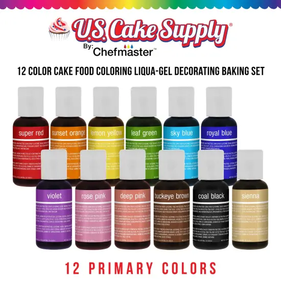US Cake Supply by Chefmaster Liqua-Gel Cake Color Set - 12 of the Most Popular Colors in 0.7 fl. oz. (20ml) Bottles {2}