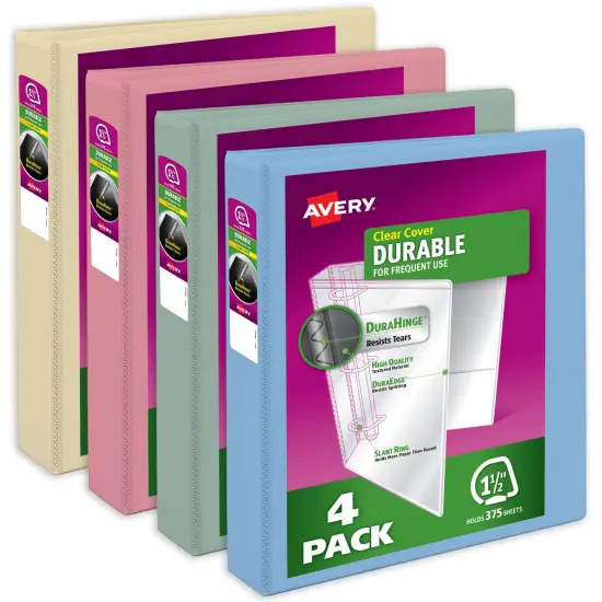 Avery Durable View 3 Ring Binders, 1.5 Inch Slant Rings, 375-Sheet Capacity, DuraHinge, 2.1 Inch Wide Spine, Customizable Clear Covers and Spine, Assorted Pastel Colors (4-Pack of 05634) {1}