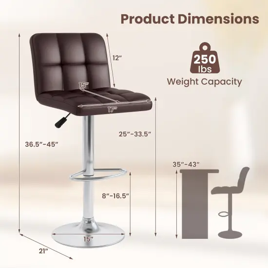 Modern Bar Stools Set of 2 with Back Support, Heavy-Duty Metal Base, Footrest, and Adjustable Height Brown {5}