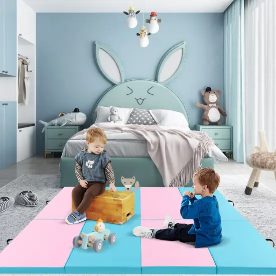 4-Panel PU Leather Folding Exercise Mat with Carrying Handles and Hook and Loop Fasteners Pink & Blue {2}