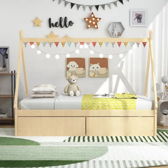 Wooden House Bed with Storage Drawers and DIY Playhouse Design for Kids Natural {6}