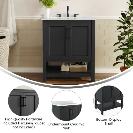 Merrick Lane Vigo Bathroom Vanity with Ceramic Sink, Carrara Marble Finish Countertop, Storage Cabinet with Soft Close Doors and Open Shelf {9}