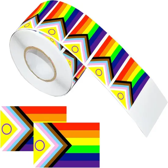 LGBTQ Pride Stickers, Intersex-Inclusive Progress Pride Flag Rectangle Self Adhesive Decal Waterproof Stickers for Parades and Events(1 Roll - 300 Stickers) {1}