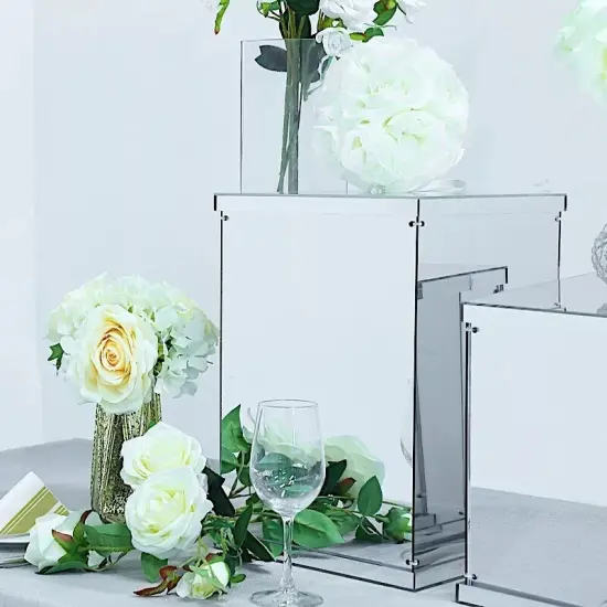5 Silver Mirror Pedestal Risers Display Boxes Centerpiece {4}