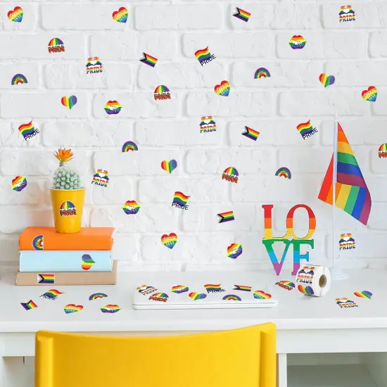 500 Pieces LGBTQ Pride Stickers Roll 8 Design Gay Pride Decal Stickers Self-Adhesive Rainbow Stripe Heart Stickers for Parades and Events {3}