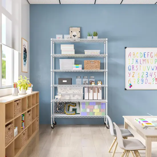 Seville Classics UltraDurable 6-Tier NSF Steel Shelving with Shelf Liners, 48" W x 18" D x 75.5" H White {1}