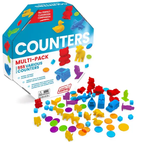 Junior Learning: Counters Multi-Pack - 555 Various Pieces - Multiple Colors-Shapes-Styles, Animal-Vehicles-Cubes, Use For Kids Math & Learning Games {1}